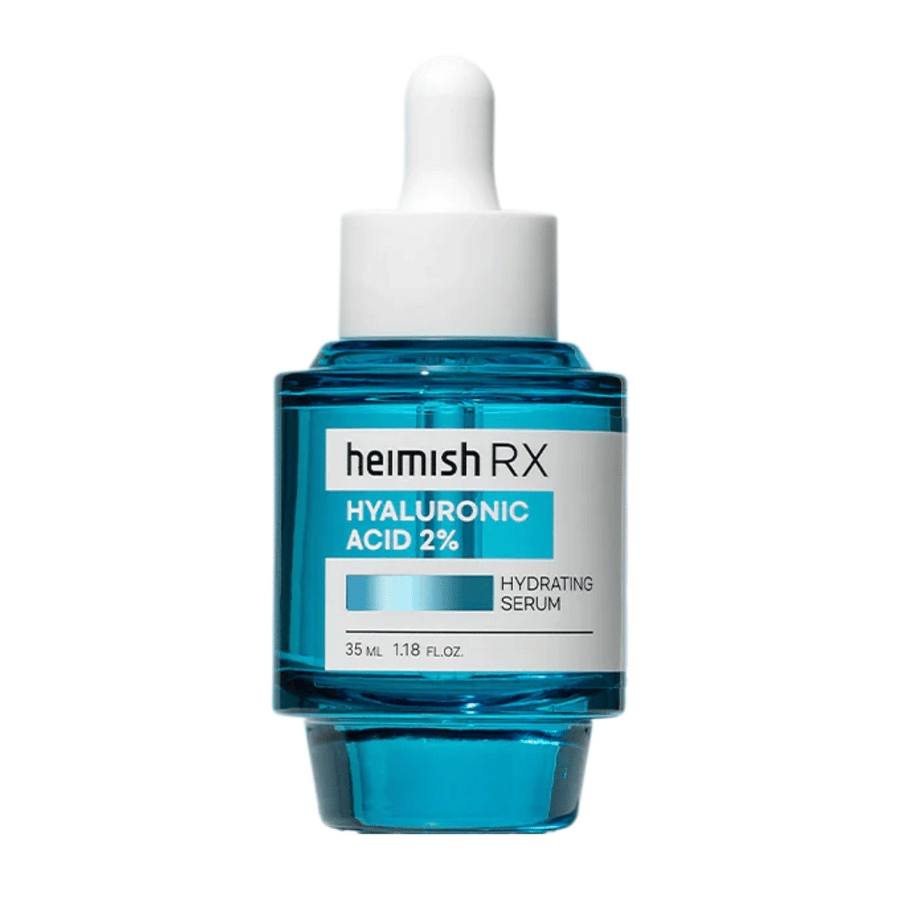 Heimish RX Hyaluronic Acid 2% Hydrating Serum i en blå glasflaska med pipettlock, designad för intensiv återfuktning av huden.