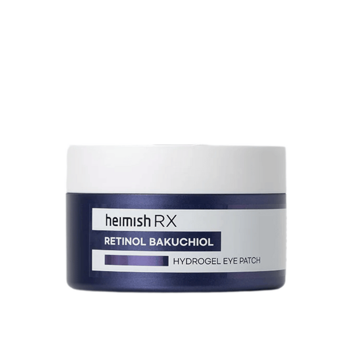 Heimish RX Retinol Bakuchiol Hydrogel Eye Patch i en mörkblå burk med vit lock. Intensivt återfuktande och uppstramande ögonlappar för en ungdomligare look.